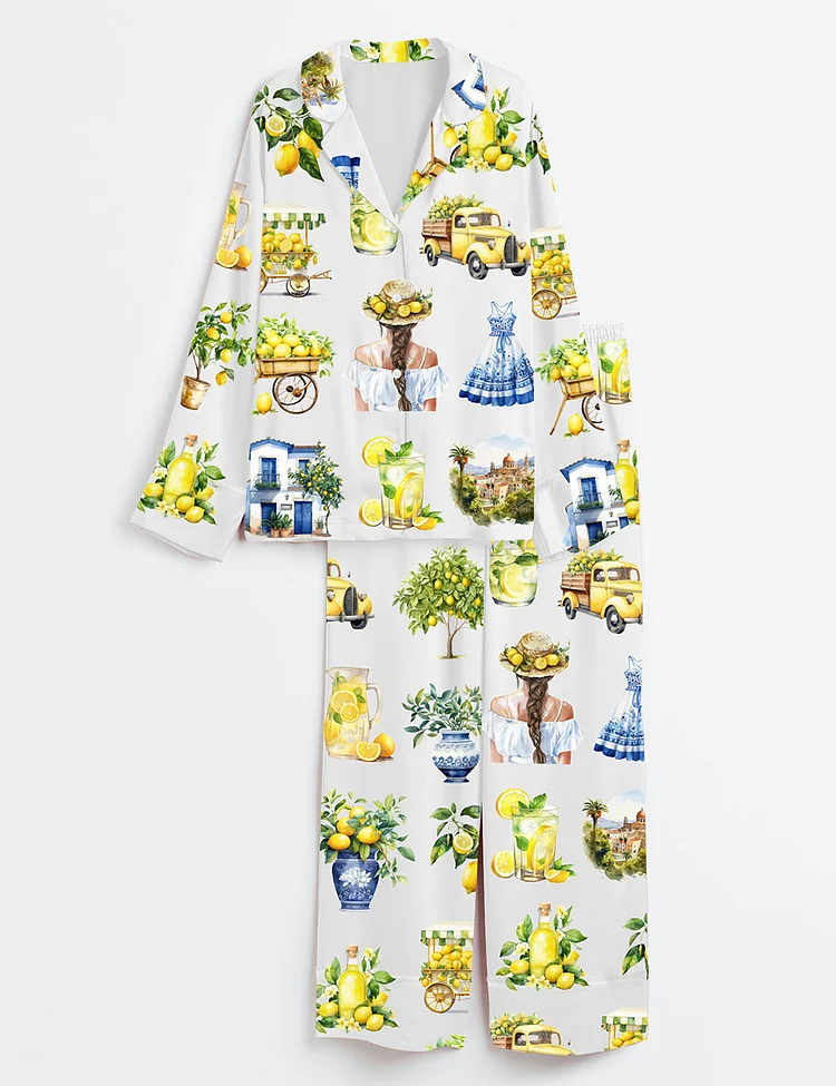 Women&rsquo;s Watercolor Lemon Fruit Lemon Drop Martini Mediterranean Summer Ocean Beach Vibes Print Long Sleeve Satin Pajama Set