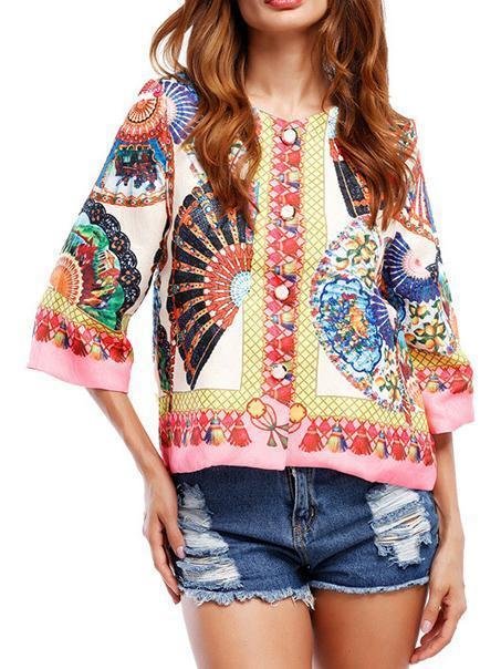 Bohemia Floral Printed Flared Sleeves Outwear Tops