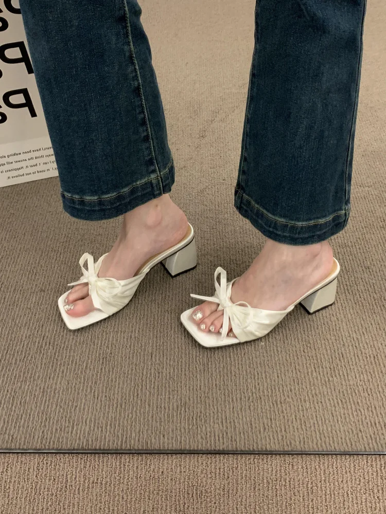 Breakj Breakj High-End Silk And Satin Bow Coarse And Cool Slippers Women Wear 2025 New Summer Dew High-Heeled Shoes