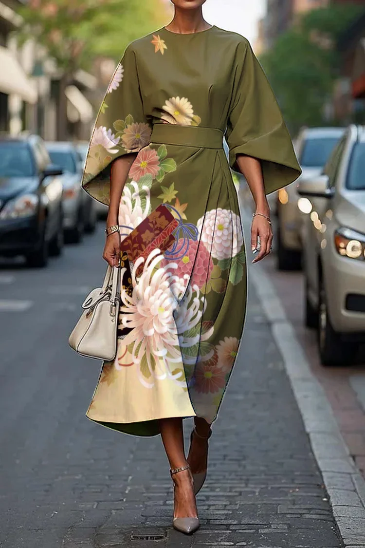 Women's Elegant Japanese Art Print Midi Dress
