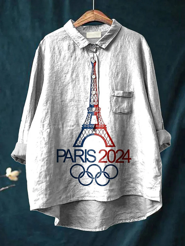 2024 Olympics Graphic Printed Women's Casual Cotton And Linen Shirt