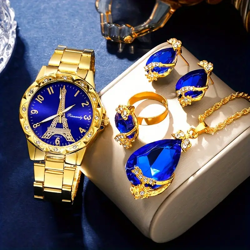 5pcs set womens watch eiffel tower quartz watch luxury golden stainless steel wrist watch jewelry set gift for mom her details 0