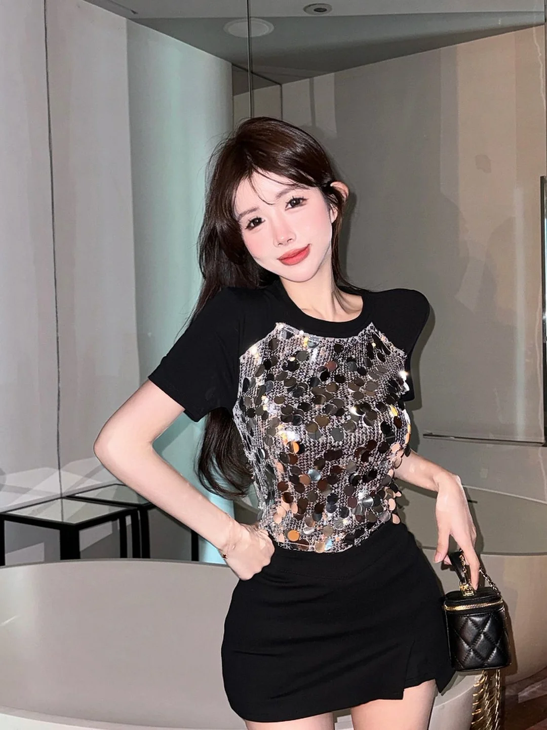 Uaang New Sexy Sequined Patchwork Crop Top Women's T Shirts Fashion Short Sleeve Round Neck Sequin T-shirt Tees