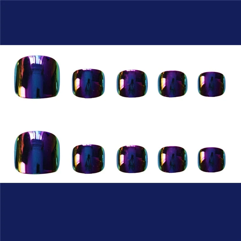 24pcs Phantom Blue Fench Nail for Toes Wide Designed Classical Artificial Fake Toenails Summer Mirror False Nail Manicure-Nail Inspo