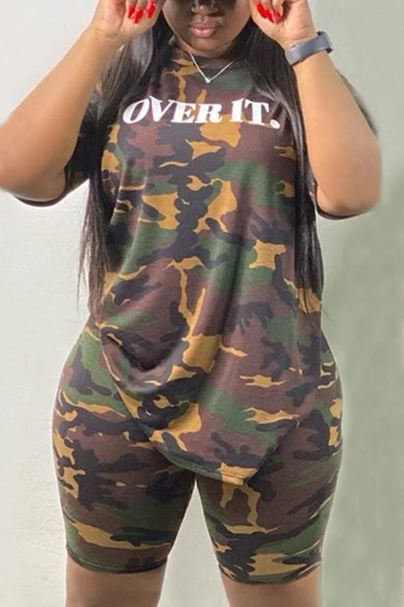 Casual Printed Camouflage Plus Size Set