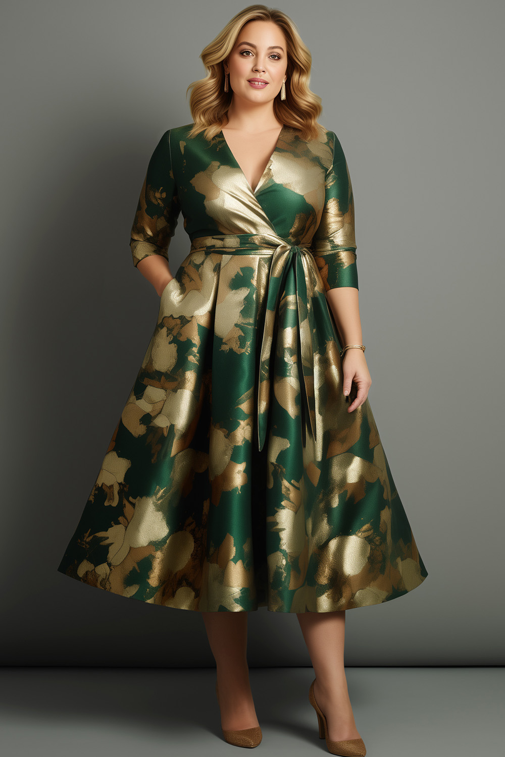 Flycurvy Plus Size Cocktail Dark Green Satin Floral Print Wrap 3/4 Sleeve Tea-Length Dress