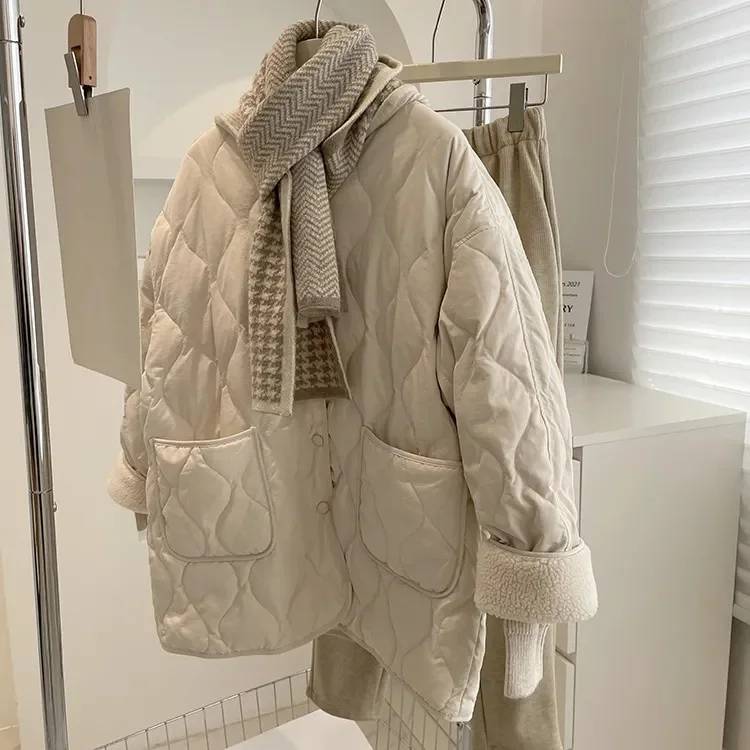 Toloer Lamb Wool Splicing Down Cotton Jacket Female Winter 2024 The Korean Version Of Loose Diamond Case Light Warm Cotton-Padded Jacket Padded Jacket Coat-Outfit Ideas