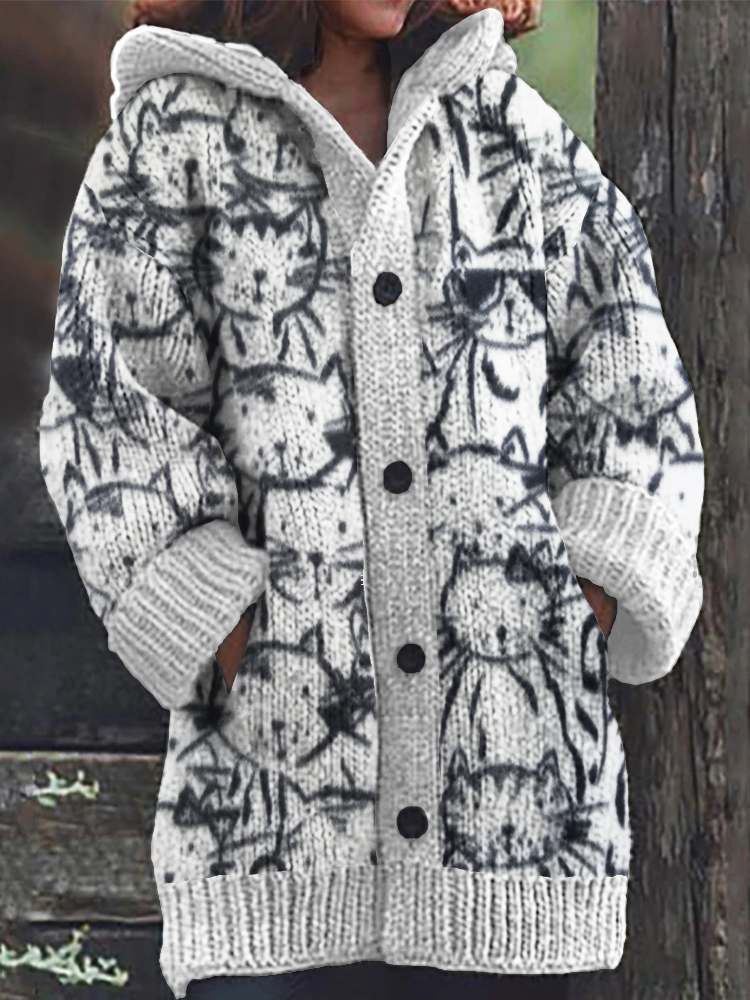 Comstylish Cute Cartoon Cats Women's Hooded Cardigan
