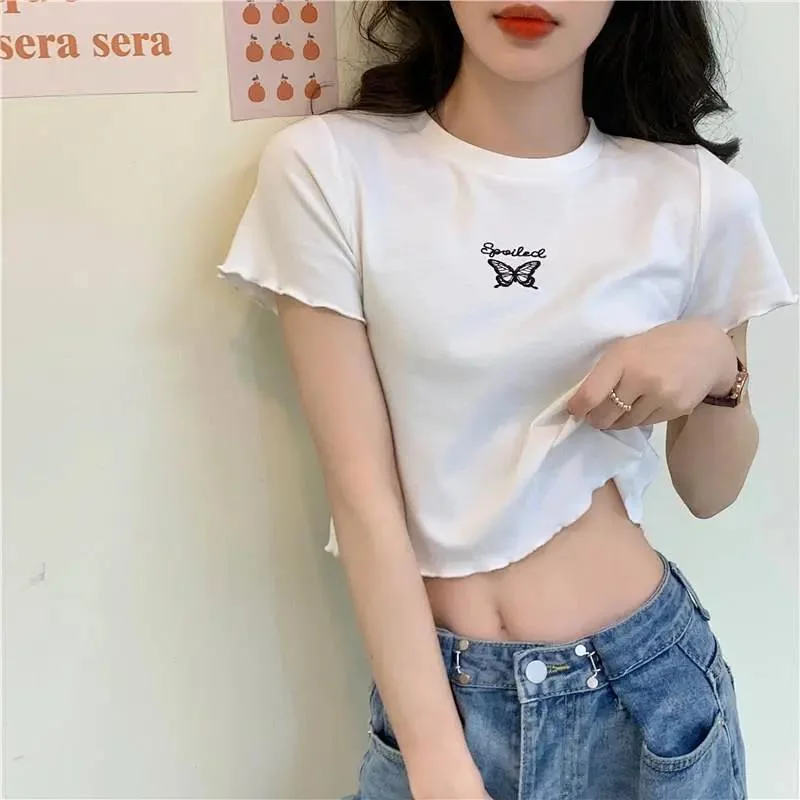 Uveng Uveng 2024 Summer High Waist Crop Short T-Shirt Women Slim And Thin Butterfly Embroidery Short-Sleeved Top Women