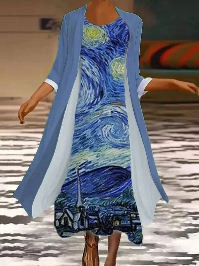 Women's Oil Painting Van Gogh Star Print Dress Cape Two-piece Set