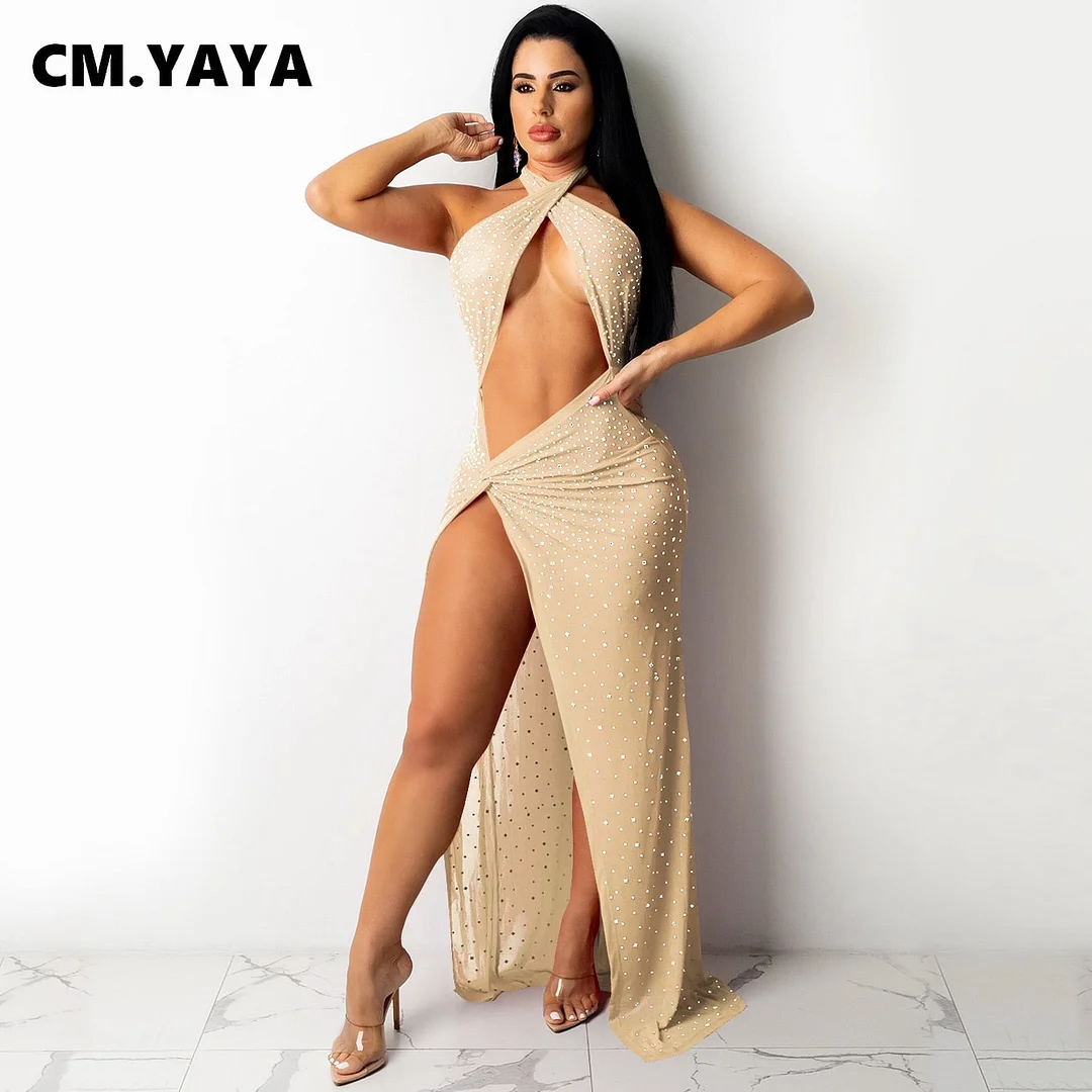 CM.YAYA Women Hot Rhinestones Halter Neck High Slit Sexy Maxi Dress Mesh See Though INS Sexy Party Autumn Winter Long Dresses