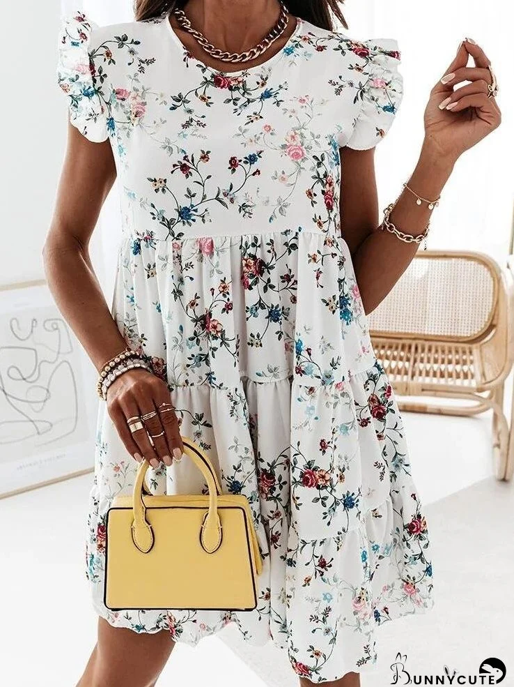 Loose Printed Ruffled Short-sleeved Dress for Women