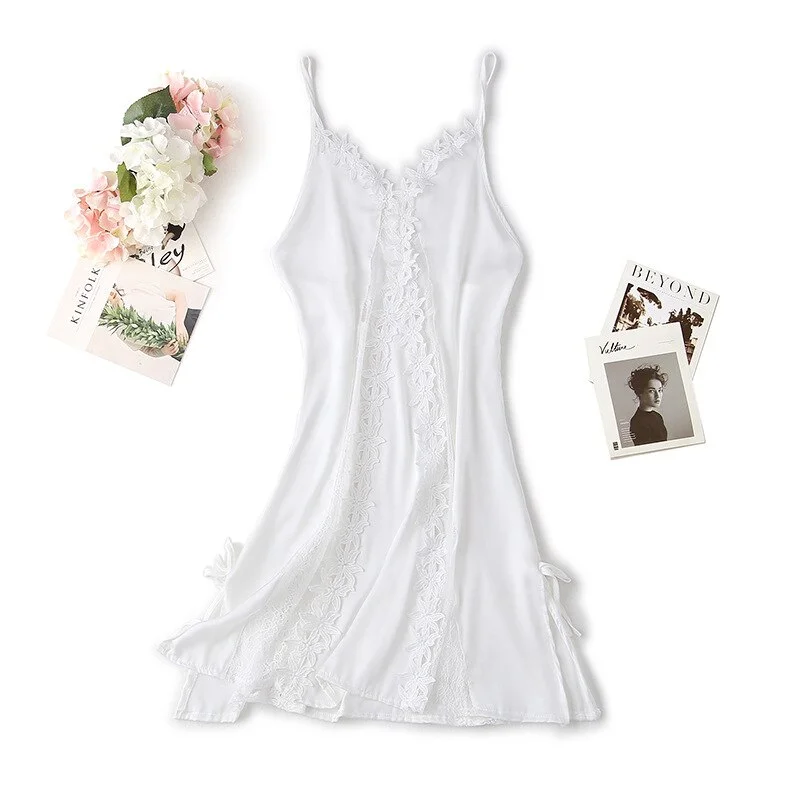 Appliques  Nightgown Satin Women Lace Sleep Dress Loose Hollow Out Nightdress Sleepwear V-Neck Rayon Home Dressing Gown