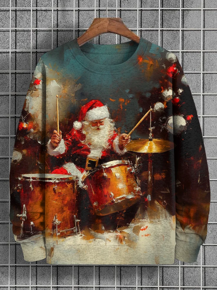 Men's Santa Claus Plays Drums Oil Painting Print Casual Sweatshirt