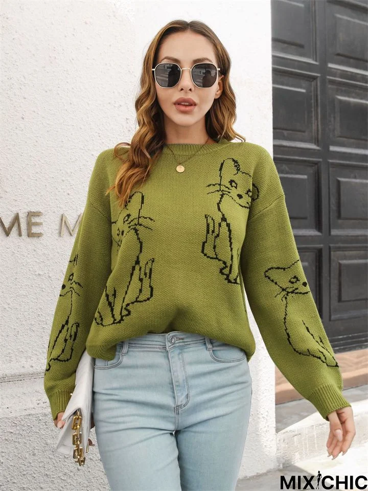 Women's Round Neck Animal Motifs Knitting Sweater