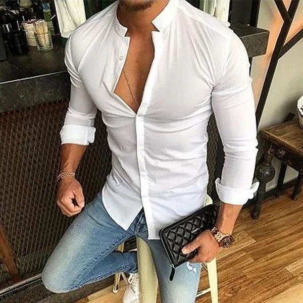 Mens Stand Collar Solid Color Slim Long-Sleeved Shirts