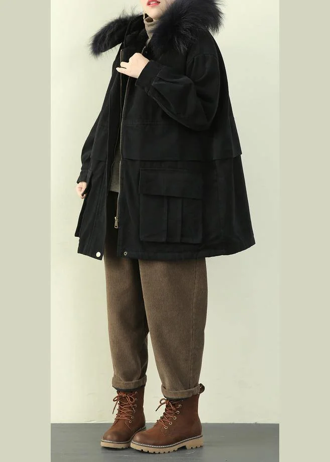 Fine black thick overcoat plus size down jacket faux fur collar winter coats