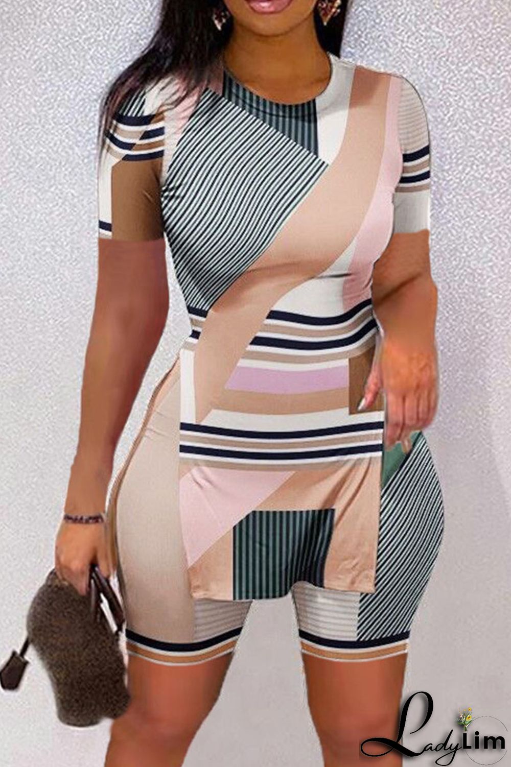 White Casual Print Patchwork Slit O Neck Short Sleeve Two Pieces