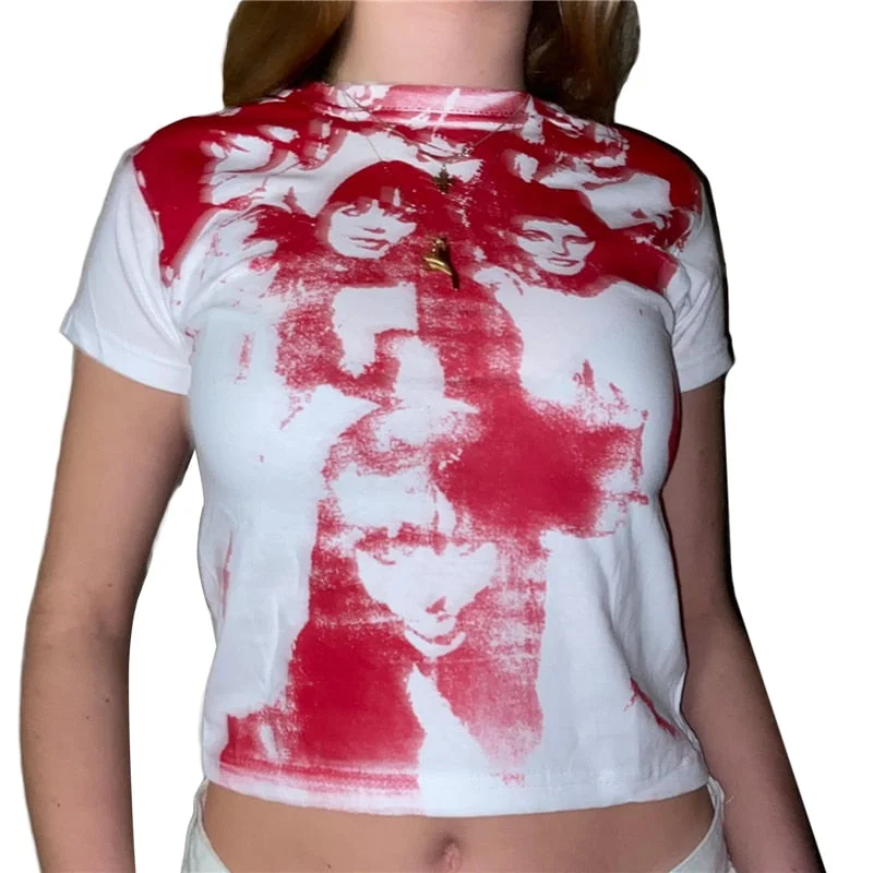 Xingqing Gothic Portrait Print T-shirt Aesthetic Short Sleevle Sweats Tees Harajuku Streetwear White Crop Top Women Clothes