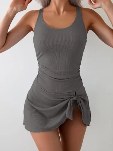 One Piece Swimsuit Tummy Control Womens Ribbed Swimdress 