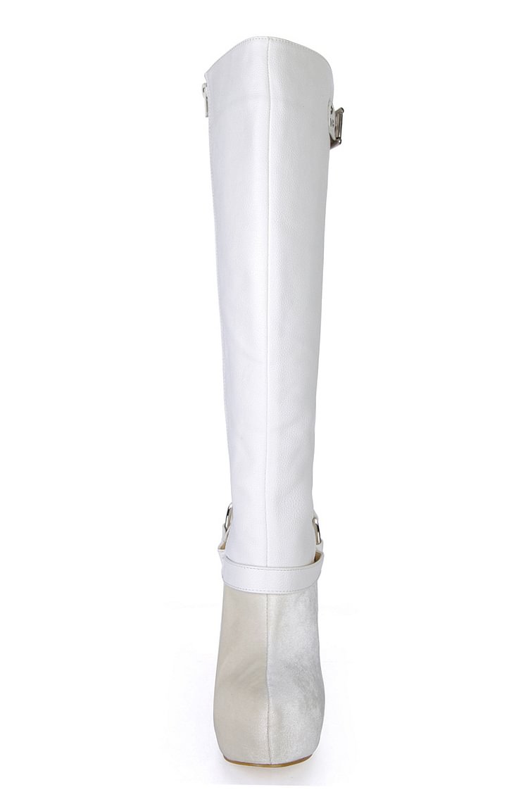 Women's White Buckle Platform Boots Stiletto Heels Boots |FSJ Shoes