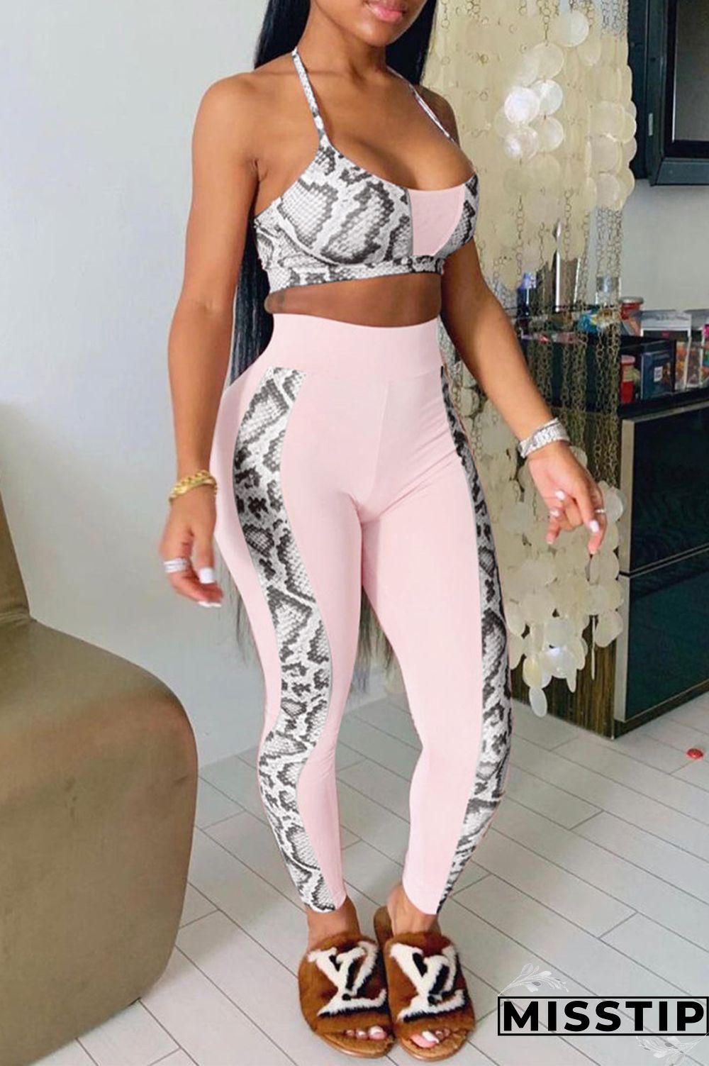 Pink Fashion Sexy Print Patchwork Backless Halter Sleeveless Two Pieces