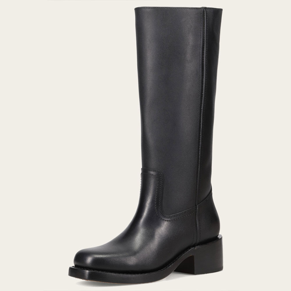 Vegan Leather Pull-On Square Toe Block Heel Boots for Women in Black Nicepairs