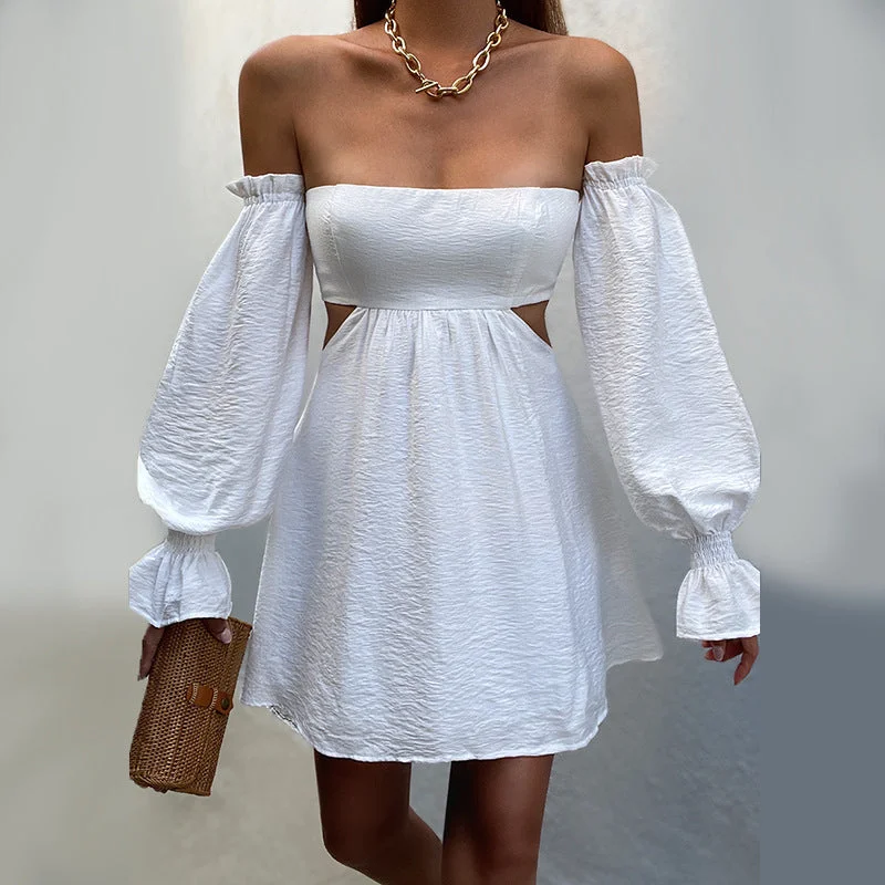 Sexy Off Shoulder Dress Hollow Out Lantern Sleeve Mini Swing Dress