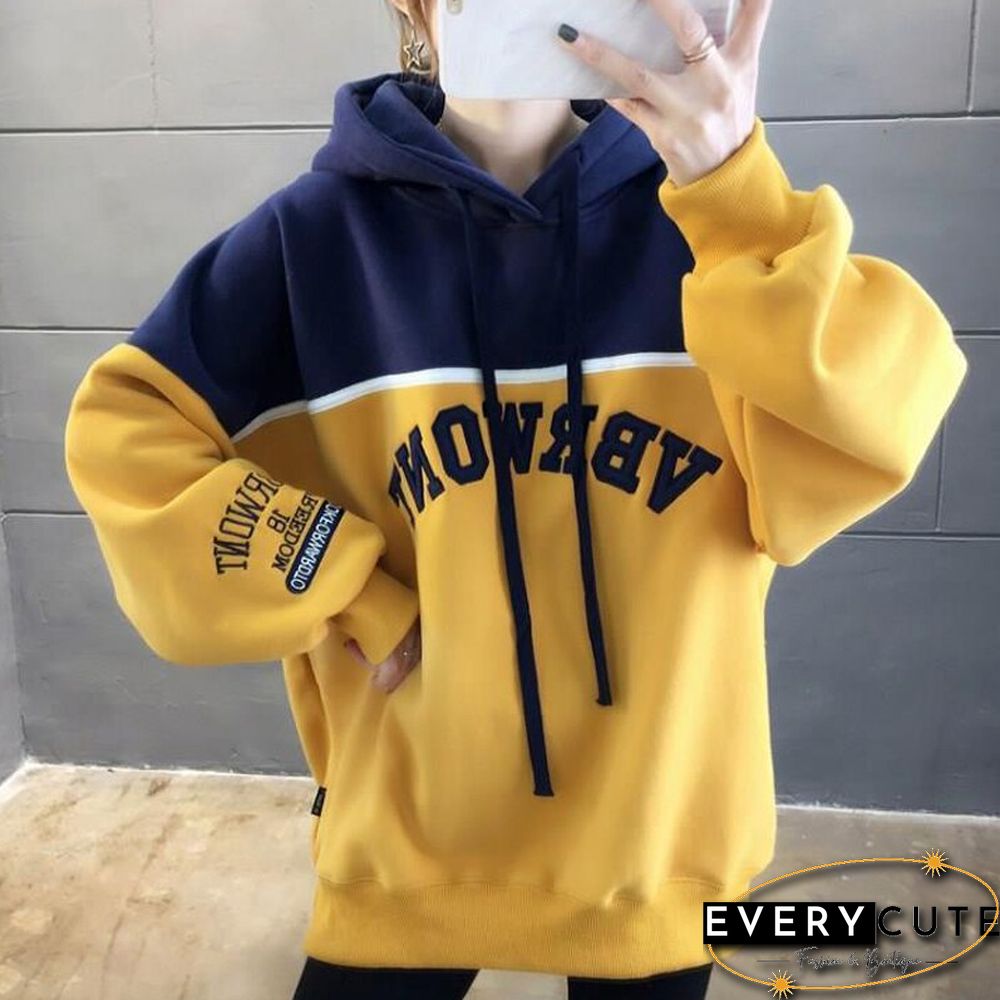 Autumn Loose Hoodies Women Print Letter Sweatshirts Vintage Patchwork Pullover Casual Long