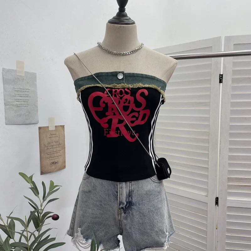 Nigikala Nigikala Shooting Cowboy Splicing Braid Vest Babes Letter Graffiti Printing Short Sleeveless Outside Wear 8927