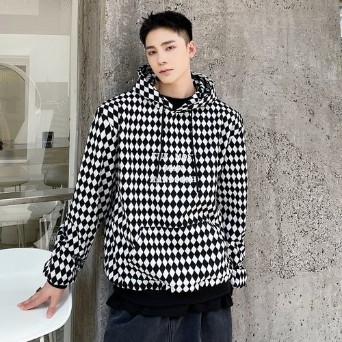 -5031P105 Thick Woolen Rhombus Check Hooded Pullover Sweater-Dawfashion- Original Design Clothing Store-Halloween 2022