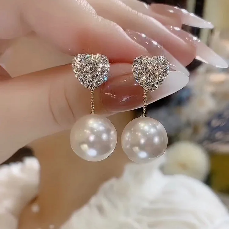 Pearl Heart Diamond Drop Earrings