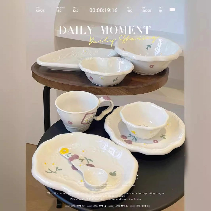 Embossed Fruit Air Cake Plate Household Ceramic Tableware Rice Bowl Disc Deep Plate Cream Color Cute High Face