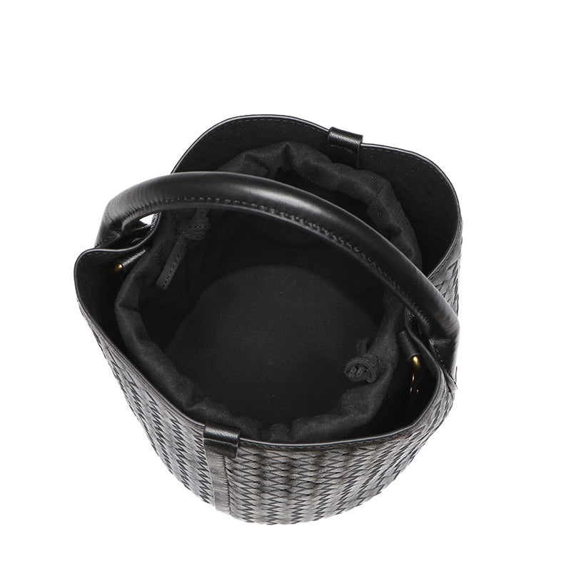 Women’s Medium Leather Solid Color Classic Style Streetwear Weave Sewing Thread Bucket String Bucket Bag