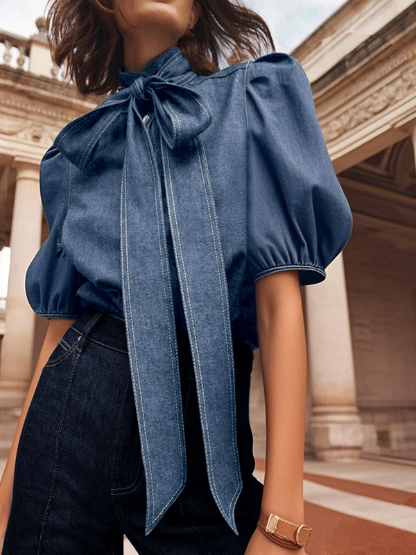 Bow-Embellished Buttoned Split-Joint Tied Long Sleeves Puff Sleeves High Neck Blouses&shirts Tops
