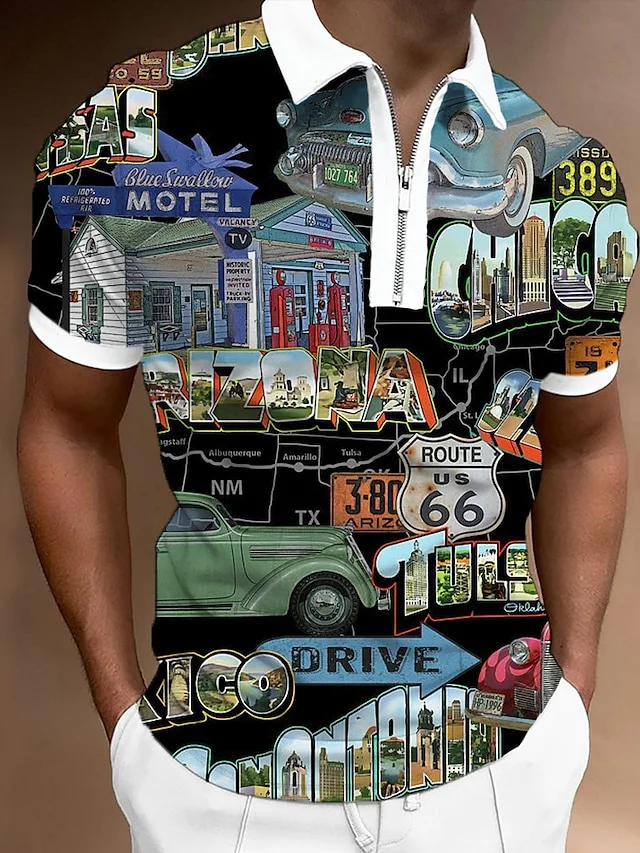 Men's Casual Route 66 Print Short Sleeve Polo Shirt