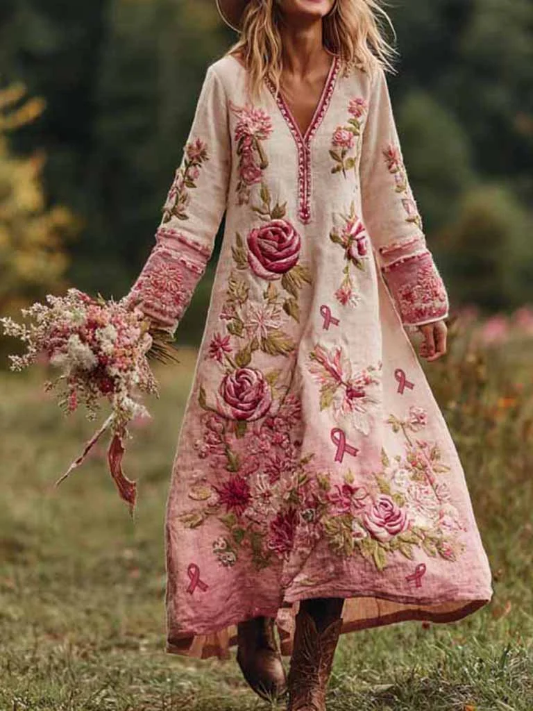 Classy Classy Gradient Pink Roses Cancer Awareness Ribbon Embroidered Linen Maxi Dress