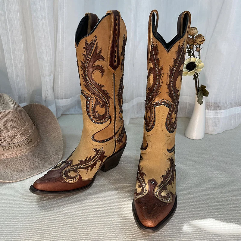 Womens Western Embroidered Boots Rivet Decorate- Brown Cowgirl Boots All Genuine Leather