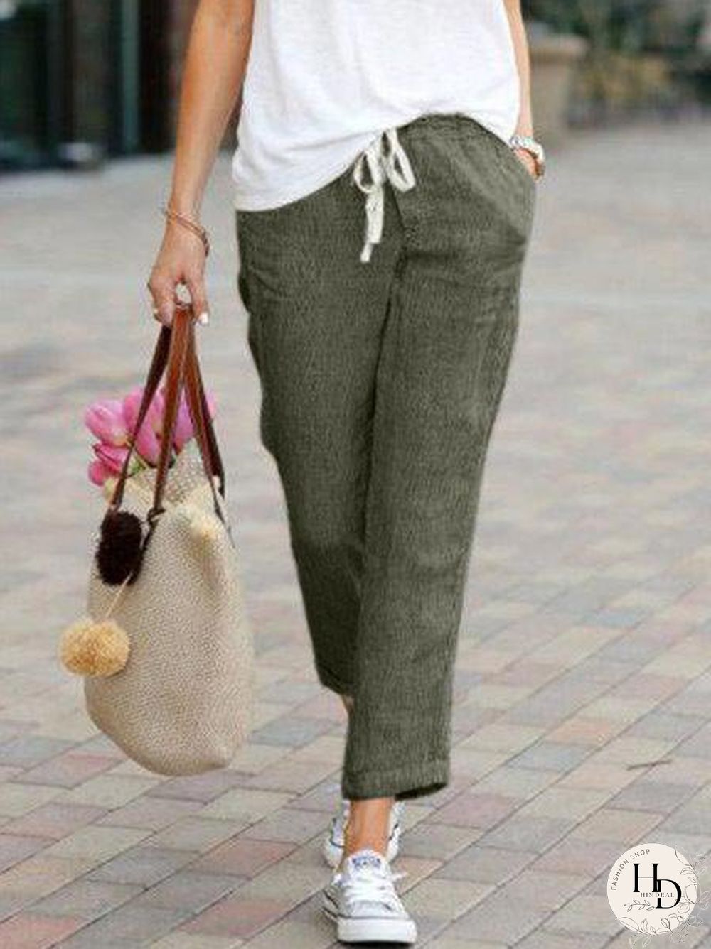 Solid Drawstring Casual Linen Pants