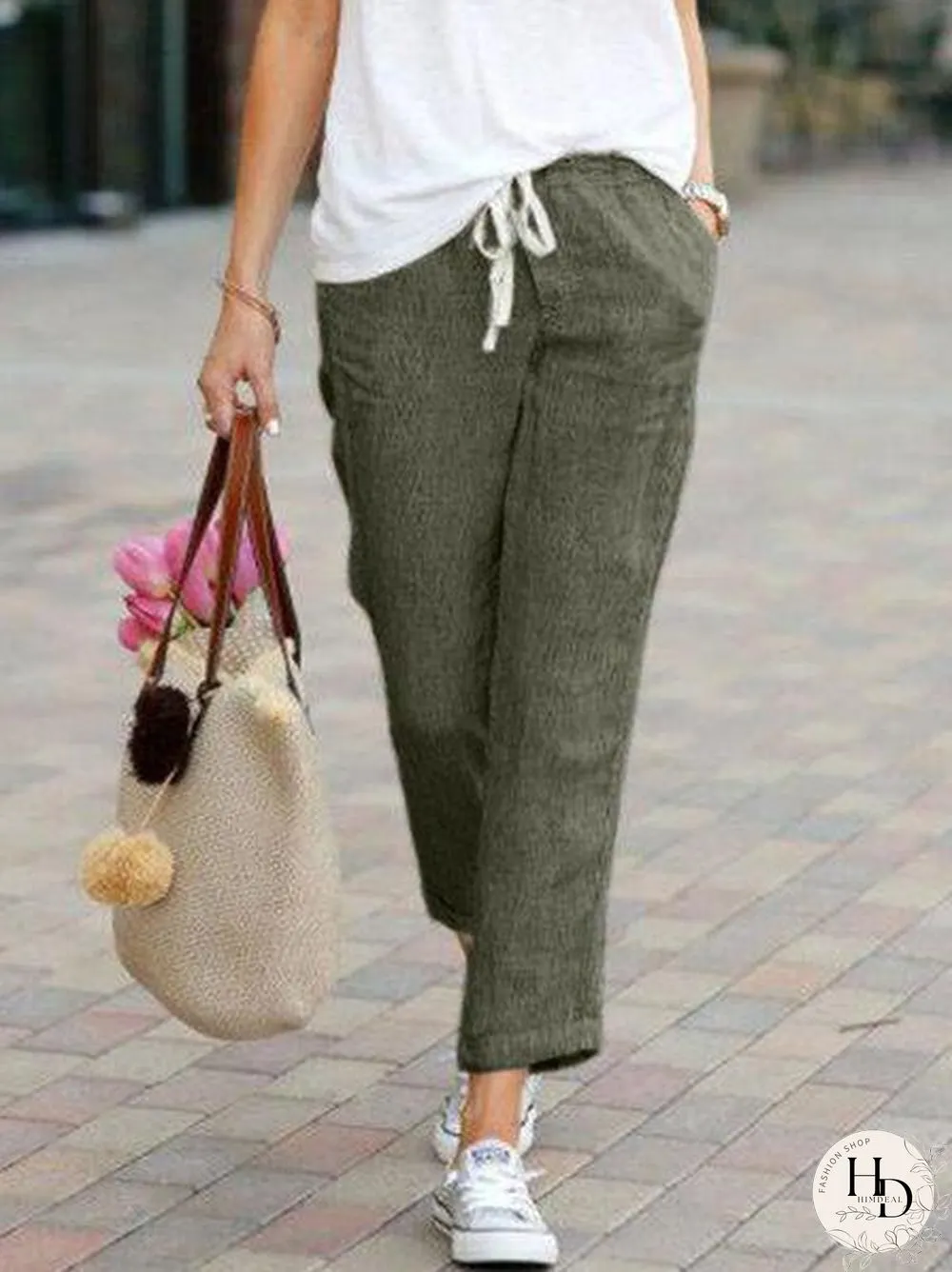 Solid Drawstring Casual Linen Pants