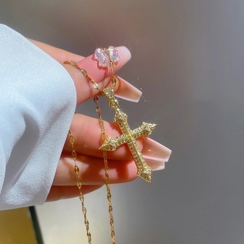 Stainless Steel 18K Gold Plated Minimalist Plating Inlay Cross Zircon