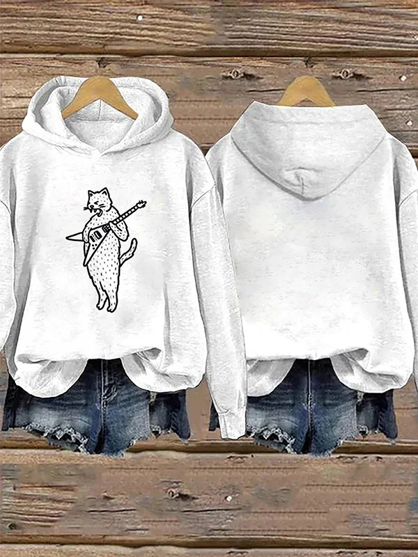 Women's Funny Cat Playing V Shape Guitar Graphic Print Hoodie