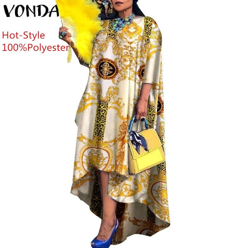 VONDA 2022 Summer Women Dress 3/4 Sleeve Robe Femme Vintage Printed Holiday Party Dress Irregular Hem Long Vestidos Oversized