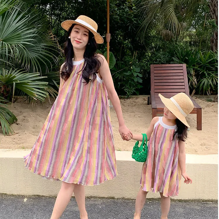 Mommy and Me Colorful Striped Halter Neck Dress
