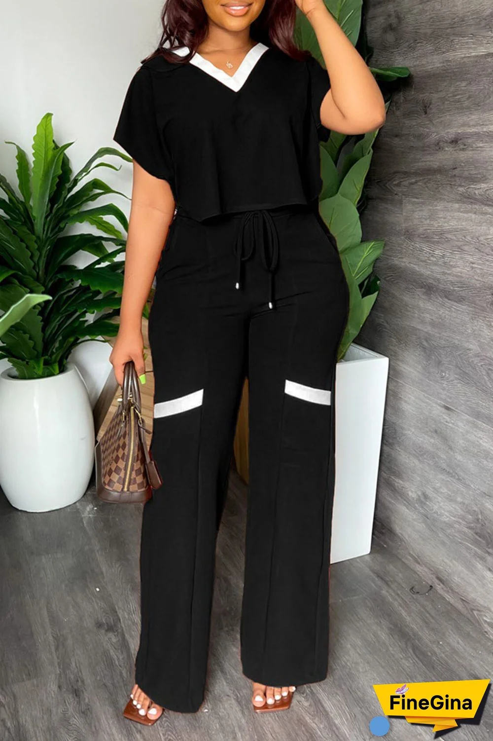 Black Casual Solid Patchwork V Neck Short Sleeve Two Pieces