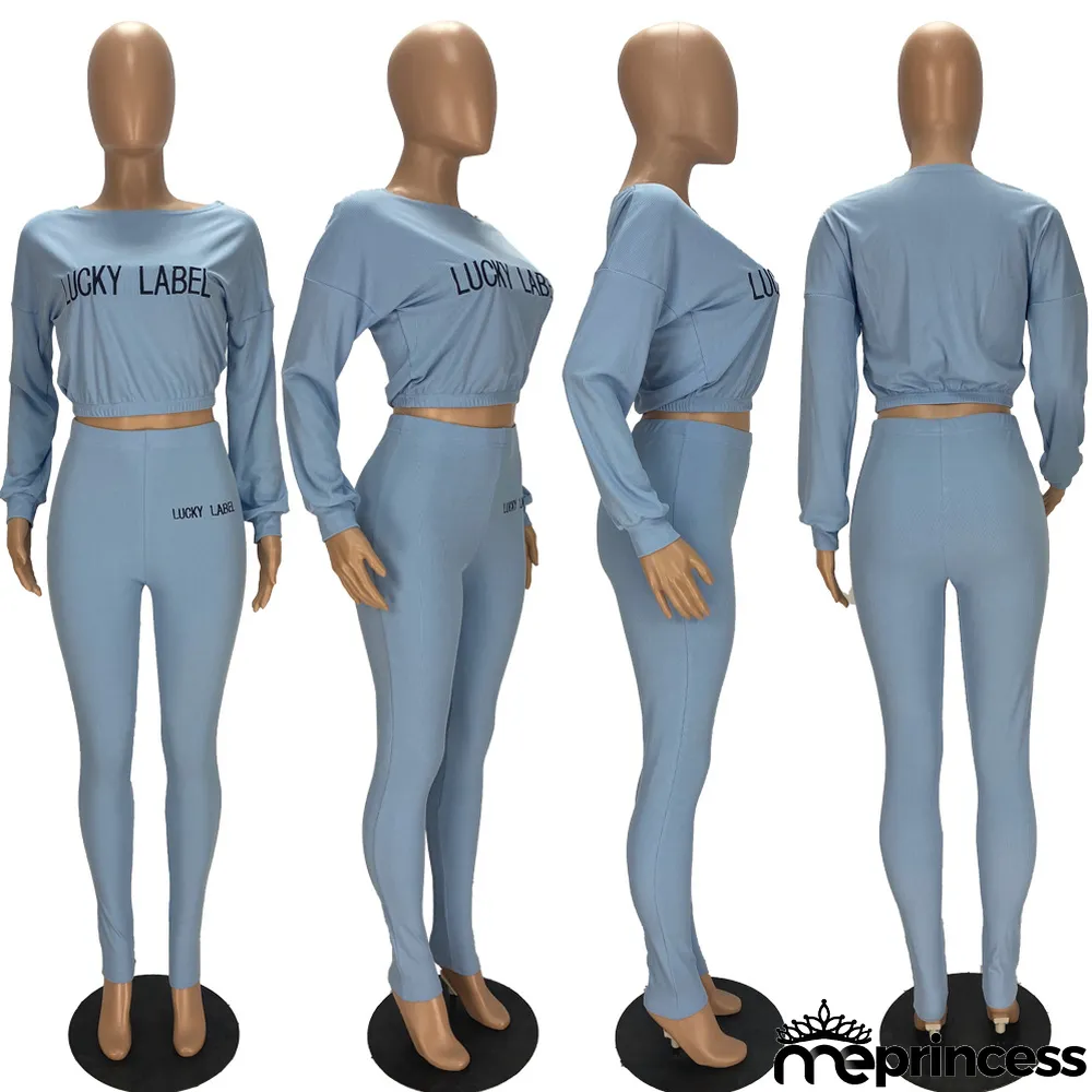 Plus Size Letter Long Sleeve 2 Piece Pants Set