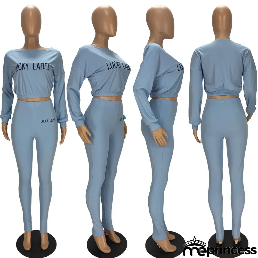 Plus Size Letter Long Sleeve 2 Piece Pants Set