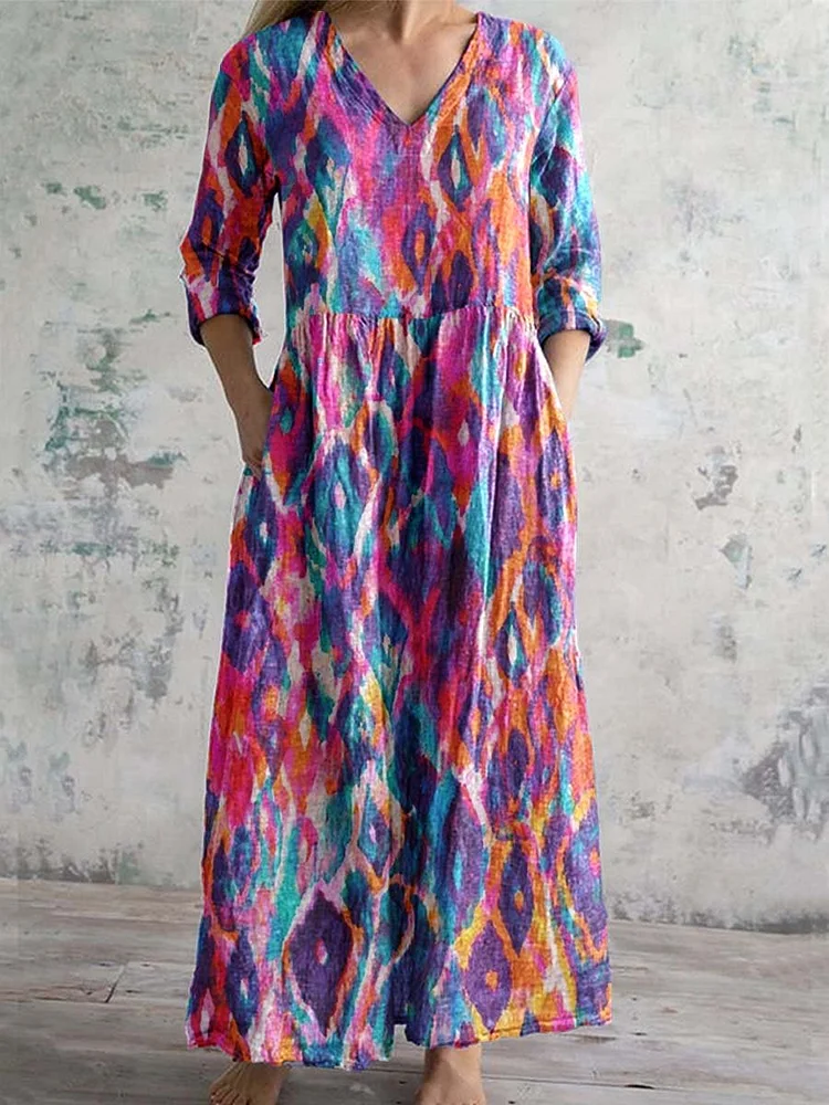 Womens V-neck Colorful Geometric Pattern Cotton Fabric Dress with Pockets