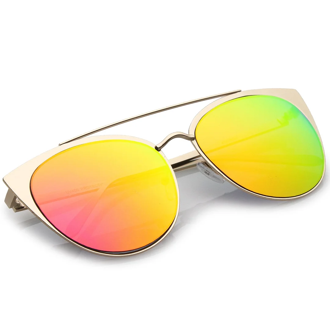 Women's Oversize Metal Crossbar Mirrored Flat Lens Cat Eye glasses 61mm