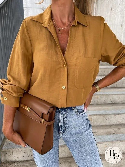 Simple Solid Lapel Button Long Sleeve Blouses